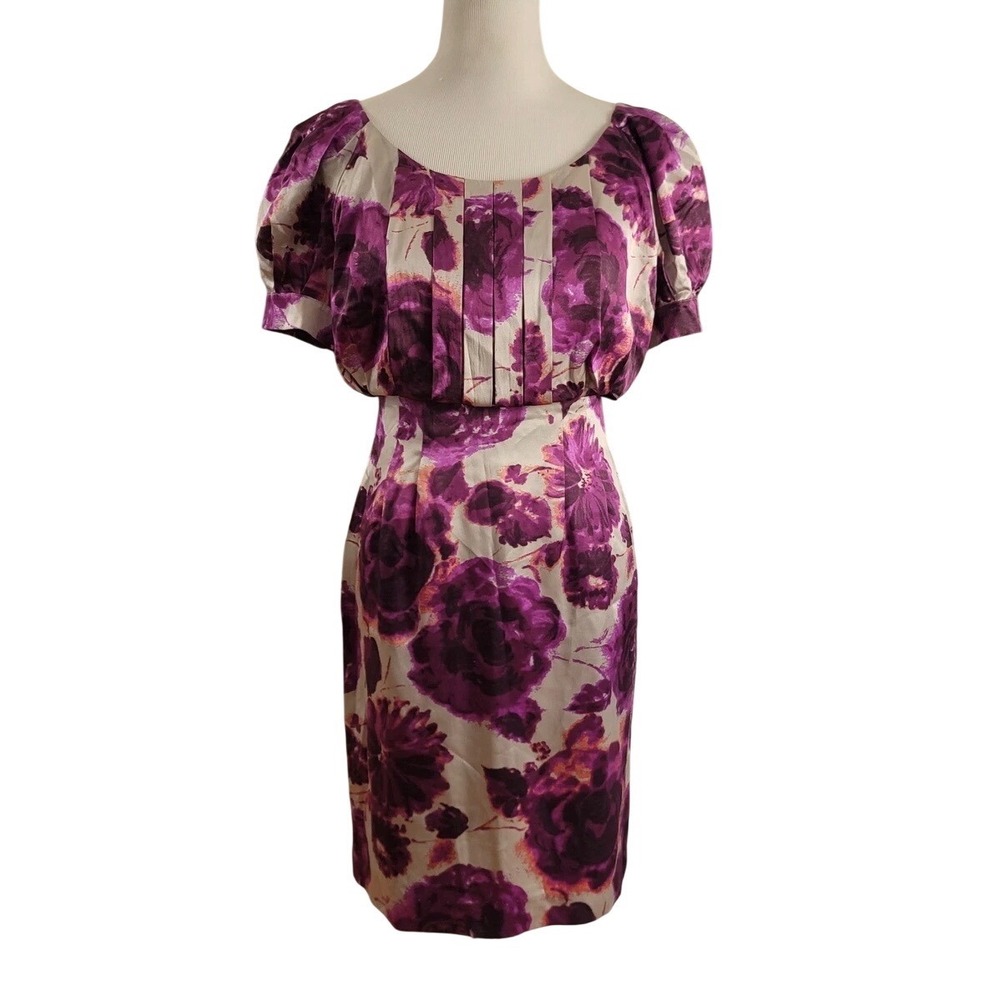 (B5) Moda International Silk Purple Floral Rose Puff Sleeve Midi Dress 14 NWOT